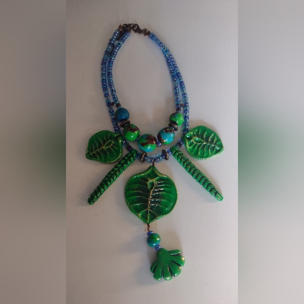 Handmade Leafy Green & Blue Botanical Necklace